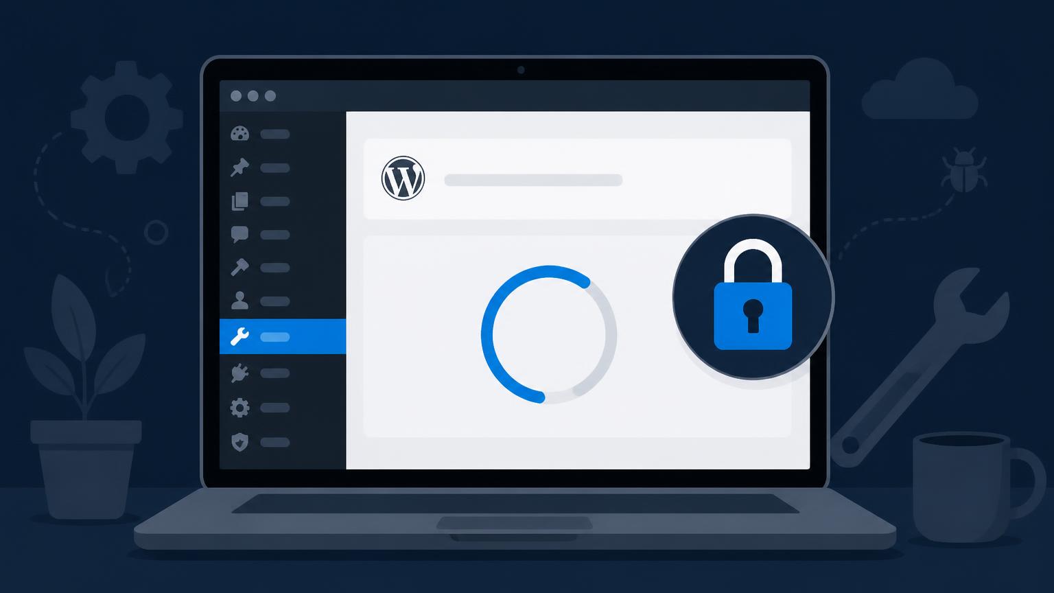 WordPress updates screen locked with a stuck progress spinner and padlock